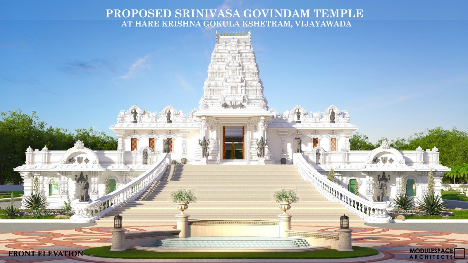 Proposed Srinivasa Govindam Temple — front elevation daytime architectural rendering